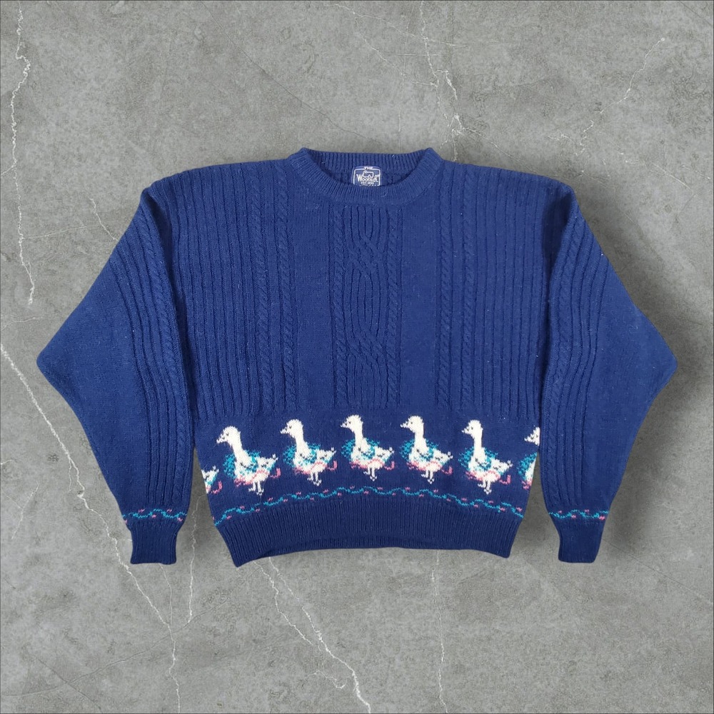 Woolrich Sweater Womens L Blue Wool Cable Knit Goose Intarsia Vintage 9722 Duck